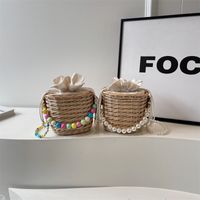 Women's Medium Straw Solid Color Vacation Beach Beading Weave Bucket String Straw Bag main image video