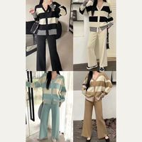 School Travel Daily Women's Simple Style Stripe Solid Color Rayon Spandex Polyester Buckle Washed Button Pants Sets Pants Sets main image 1