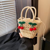 Women's Medium Straw Solid Color Flower Vacation Beach Weave Bucket String Straw Bag main image 5