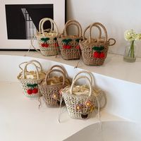 Women's Medium Straw Solid Color Flower Vacation Beach Weave Bucket String Straw Bag main image video