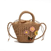 Women's Medium Straw Solid Color Flower Vacation Beach Weave Bucket String Straw Bag sku image 1