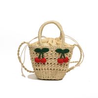 Women's Medium Straw Solid Color Flower Vacation Beach Weave Bucket String Straw Bag sku image 6