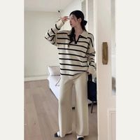 Weekend School Daily Women's Classic Style Stripe Solid Color Spandex Polyester Knit Elastic Waist Washed Rib-Knit Pants Sets Pants Sets main image 2