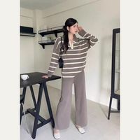 Weekend School Daily Women's Classic Style Stripe Solid Color Spandex Polyester Knit Elastic Waist Washed Rib-Knit Pants Sets Pants Sets main image 7