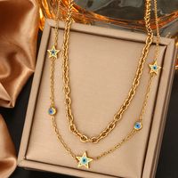 316L Stainless Steel  18K Gold Plated Vintage Style Commute Plating Inlay Devil's Eye Star Moon Turquoise Rhinestones Layered Necklaces sku image 9