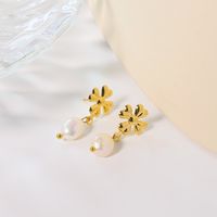 1 Pair Simple Style Classic Style Solid Color Plating Inlay Freshwater Pearl Titanium Steel Pearl 18K Gold Plated Drop Earrings main image 4
