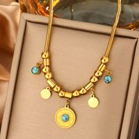 316L Stainless Steel  18K Gold Plated Retro Commute Plating Inlay Round Devil's Eye Heart Shape Artificial Pearls Turquoise Zircon Double Layer Necklaces sku image 9