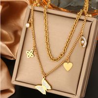 316L Stainless Steel  18K Gold Plated Vintage Style Commute Plating Inlay Devil's Eye Star Moon Turquoise Rhinestones Layered Necklaces sku image 8