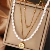 316L Stainless Steel  18K Gold Plated Vintage Style Commute Plating Inlay Devil's Eye Heart Shape Lock Turquoise Rhinestones Pearl Layered Necklaces main image 6