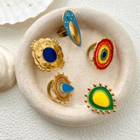 304 Stainless Steel Gold Plated Modern Style Sweet Asymmetrical Enamel Plating Round Water Droplets Turquoise Open Rings main image 1