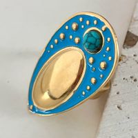 304 Stainless Steel Gold Plated Modern Style Sweet Asymmetrical Enamel Plating Round Water Droplets Turquoise Open Rings main image 4