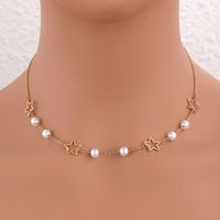 304 Stainless Steel Imitation Pearl 18K Gold Plated Elegant Beach Plating Hollow Out Pentagram Choker main image 1
