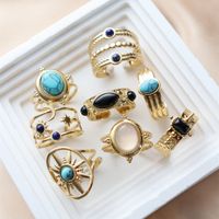 304 Stainless Steel 18K Gold Plated Vintage Style Inlay Sun Oval Eye Natural Stone Open Rings main image 1