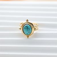 304 Stainless Steel 18K Gold Plated Vintage Style Inlay Sun Oval Eye Natural Stone Open Rings sku image 5