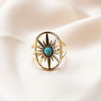 304 Stainless Steel 18K Gold Plated Vintage Style Inlay Sun Oval Eye Natural Stone Open Rings main image 5