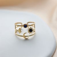 304 Stainless Steel 18K Gold Plated Vintage Style Inlay Sun Oval Eye Natural Stone Open Rings main image 7