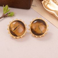 1 Pair Classical French Style Round Stripe Plating Inlay Alloy Agate Tiger Eye Ear Studs main image 6