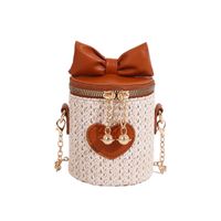 Women's Small Straw Heart Shape Solid Color Cute Basic Bowknot Cylindrical Zipper Crossbody Bag sku image 3