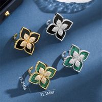 Copper 18K Gold Plated Elegant Vintage Style Lady Plating Inlay Four Leaf Clover Agate Zircon Open Rings main image 2
