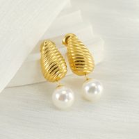 1 Pair IG Style Modern Style Classic Style Water Droplets Inlay Titanium Steel Pearl 18K Gold Plated Drop Earrings main image 4