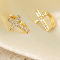 1 Pair French Style Sweet Cross Hollow Out Inlay Copper Zircon 14K Gold Plated Hoop Earrings main image 3