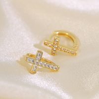 1 Pair French Style Sweet Cross Hollow Out Inlay Copper Zircon 14K Gold Plated Hoop Earrings main image 5
