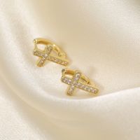 1 Pair French Style Sweet Cross Hollow Out Inlay Copper Zircon 14K Gold Plated Hoop Earrings main image 6