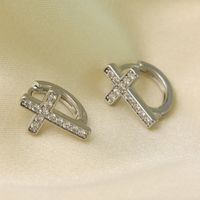 1 Pair French Style Sweet Cross Hollow Out Inlay Copper Zircon 14K Gold Plated Hoop Earrings sku image 1