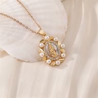 Wholesale Casual Elegant Classic Style Geometric Virgin Mary 304 Stainless Steel Copper Inlay K Gold Plated Artificial Pearls Gold White Diamond Pendant Necklace main image 4