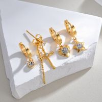 1 Set Casual Simple Style Commute Cross Star Heart Shape Plating Inlay 201 Stainless Steel 304 Stainless Steel Zircon 18K Gold Plated Drop Earrings main image 1