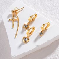 1 Set Casual Simple Style Commute Cross Star Heart Shape Plating Inlay 201 Stainless Steel 304 Stainless Steel Zircon 18K Gold Plated Drop Earrings main image 4