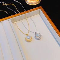 Wholesale Elegant Lady Streetwear Geometric 304 Stainless Steel Copper Hollow Out Inlay 18K Gold Plated K Gold Plated Artificial Pearls Zircon Pendant Necklace main image 7