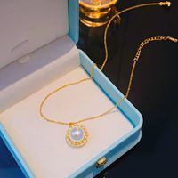Wholesale Elegant Lady Streetwear Geometric 304 Stainless Steel Copper Hollow Out Inlay 18K Gold Plated K Gold Plated Artificial Pearls Zircon Pendant Necklace main image 5