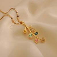 Wholesale Casual Simple Style Leaves Titanium Steel Copper Enamel Inlay 18K Gold Plated Zircon Pendant Necklace main image 1