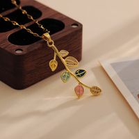 Wholesale Casual Simple Style Leaves Titanium Steel Copper Enamel Inlay 18K Gold Plated Zircon Pendant Necklace sku image 1