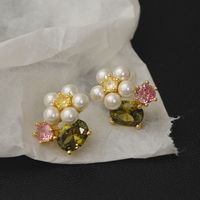 1 Pair Cute Pastoral Flower Plating Inlay Copper Imitation Pearl Rhinestones 18K Gold Plated Ear Studs main image 5
