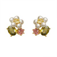 1 Pair Cute Pastoral Flower Plating Inlay Copper Imitation Pearl Rhinestones 18K Gold Plated Ear Studs main image 2