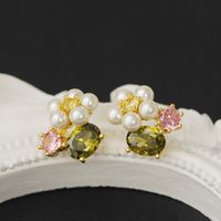 1 Pair Cute Pastoral Flower Plating Inlay Copper Imitation Pearl Rhinestones 18K Gold Plated Ear Studs main image 1