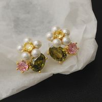 1 Pair Cute Pastoral Flower Plating Inlay Copper Imitation Pearl Rhinestones 18K Gold Plated Ear Studs main image 3