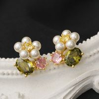 1 Pair Cute Pastoral Flower Plating Inlay Copper Imitation Pearl Rhinestones 18K Gold Plated Ear Studs main image 4