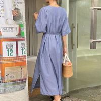 Women's Shirt Dress Simple Style V Neck Half Sleeve Short Sleeve Solid Color Midi Dress Holiday Daily main image 5
