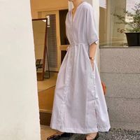 Women's Shirt Dress Simple Style V Neck Half Sleeve Short Sleeve Solid Color Midi Dress Holiday Daily main image 4