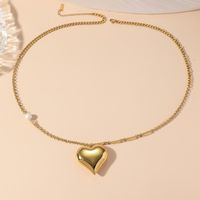 Titanium Steel 18K Gold Plated Simple Style Pearl Heart Shape Pendant Necklace Sweater Chain sku image 1