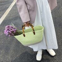 Women's Medium Straw Color Block Basic Vintage Style Weave Open Bucket Bag main image 3