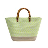 Women's Medium Straw Color Block Basic Vintage Style Weave Open Bucket Bag sku image 2