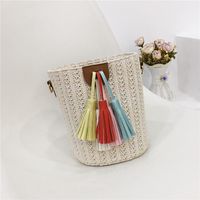 Women's Medium Braid Solid Color Vacation Beach Tassel Weave String Crossbody Bag sku image 1