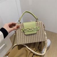 Women's Medium Straw Color Block Solid Color Vacation Beach Weave Magnetic Buckle Straw Bag sku image 3