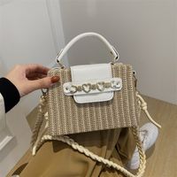 Women's Medium Straw Color Block Solid Color Vacation Beach Weave Magnetic Buckle Straw Bag sku image 1