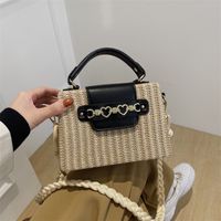 Women's Medium Straw Color Block Solid Color Vacation Beach Weave Magnetic Buckle Straw Bag sku image 4