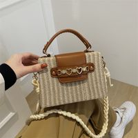 Women's Medium Straw Color Block Solid Color Vacation Beach Weave Magnetic Buckle Straw Bag sku image 5